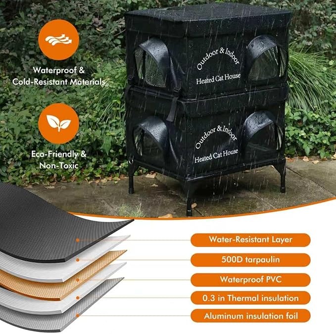 2 Story Heated Cat House for Outside, 100% Waterproof, Safe Escape Door, Elevated Base, Weatherproof Insulated Shelter for Stray Feral Barn Cat