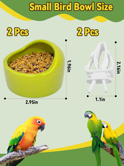 2 Pcs Ceramic Bird Food Bowls Parakeet Cage Water Bowl Birds Feeding Dish Parrot Water Feeder for Cage with 2 Plastic Feeding Clips for Parakeets Conure Cockatiels Lovebird Budgie (Green)