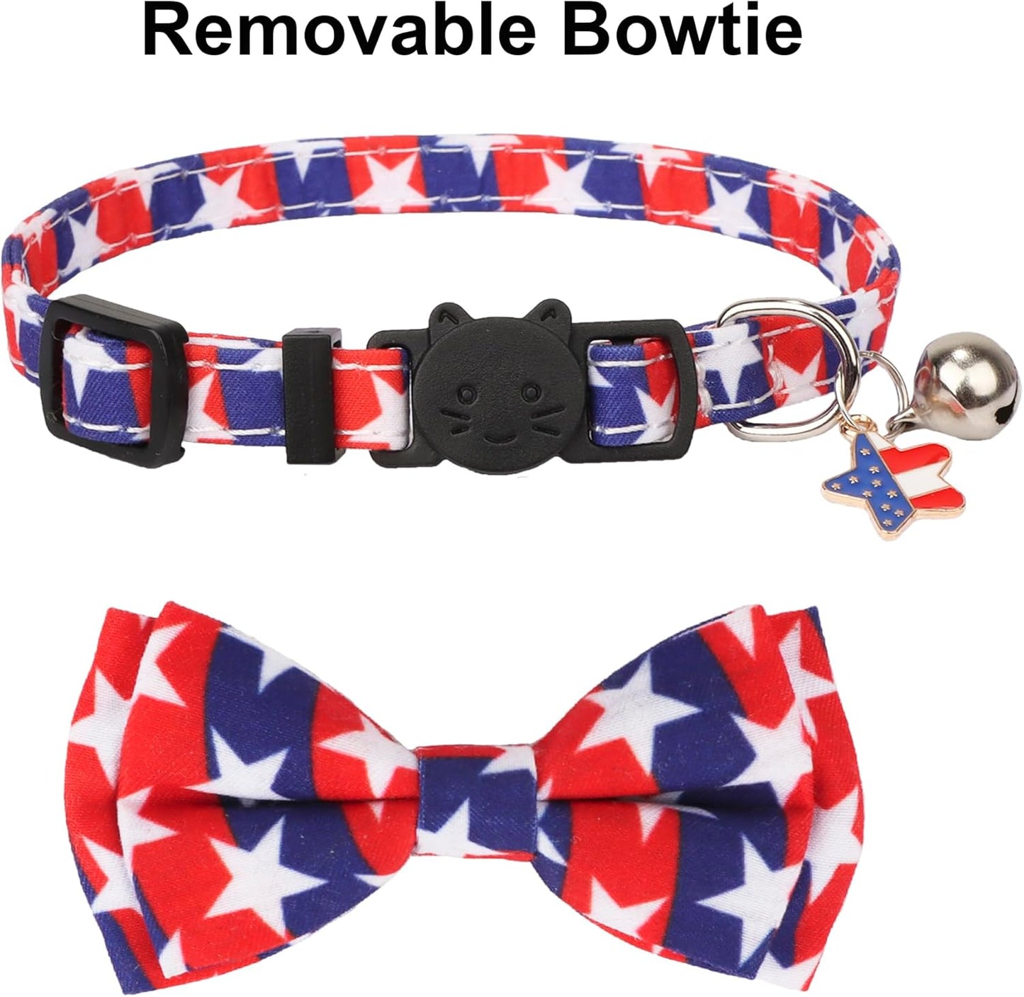 ADOGGYGO American Flag Cat Collar Breakaway with Bow Tie Bell - 2 Pack 4th of July Kitten Collar with Removable Bowtie Red Blue American Flag Collars for Cat Kitten