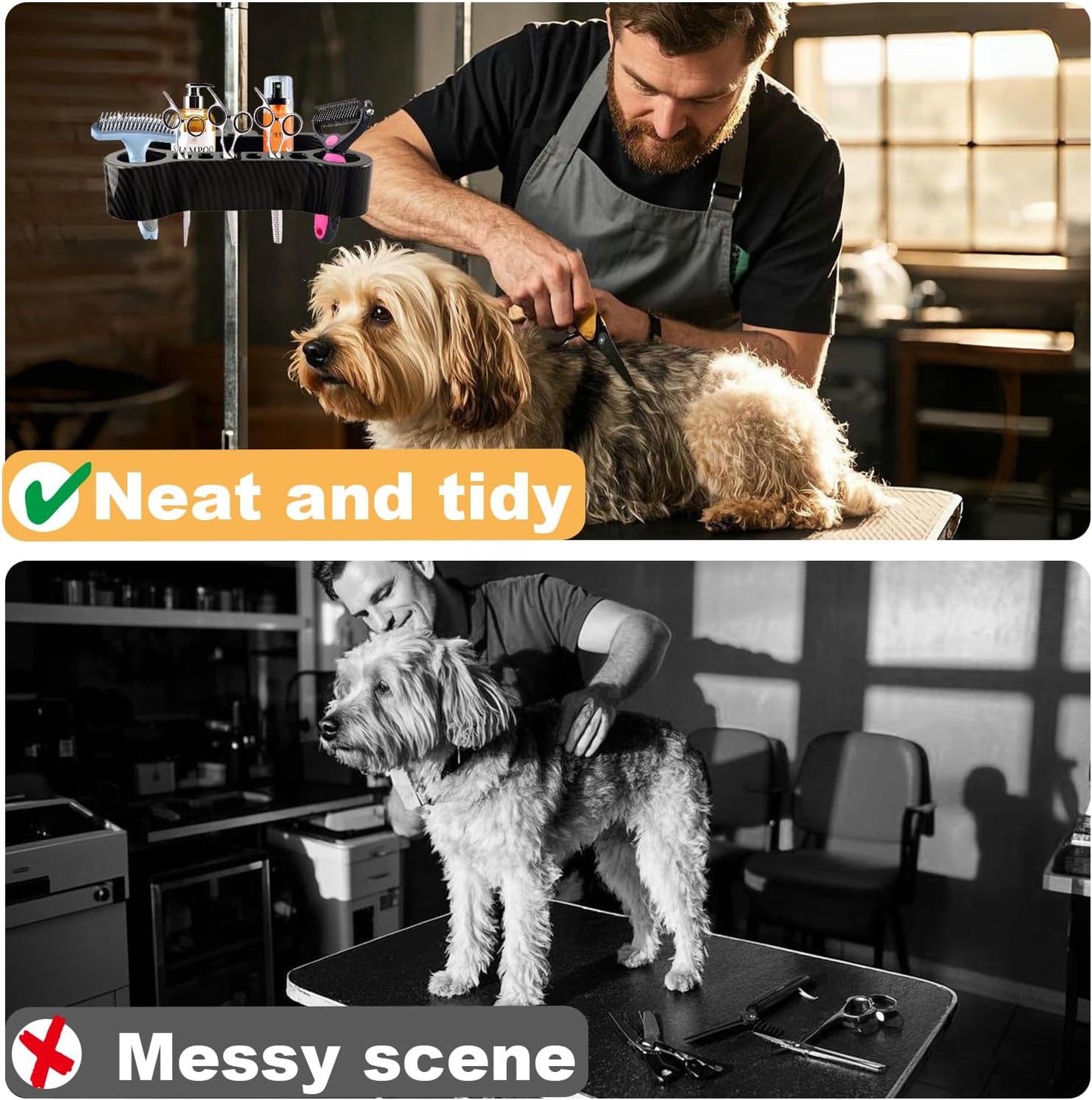 Adjustable Pet Grooming Organizer for Scissors, Brushes and Tools - Rotatable Multi-Compartment Grooming Arm Stand