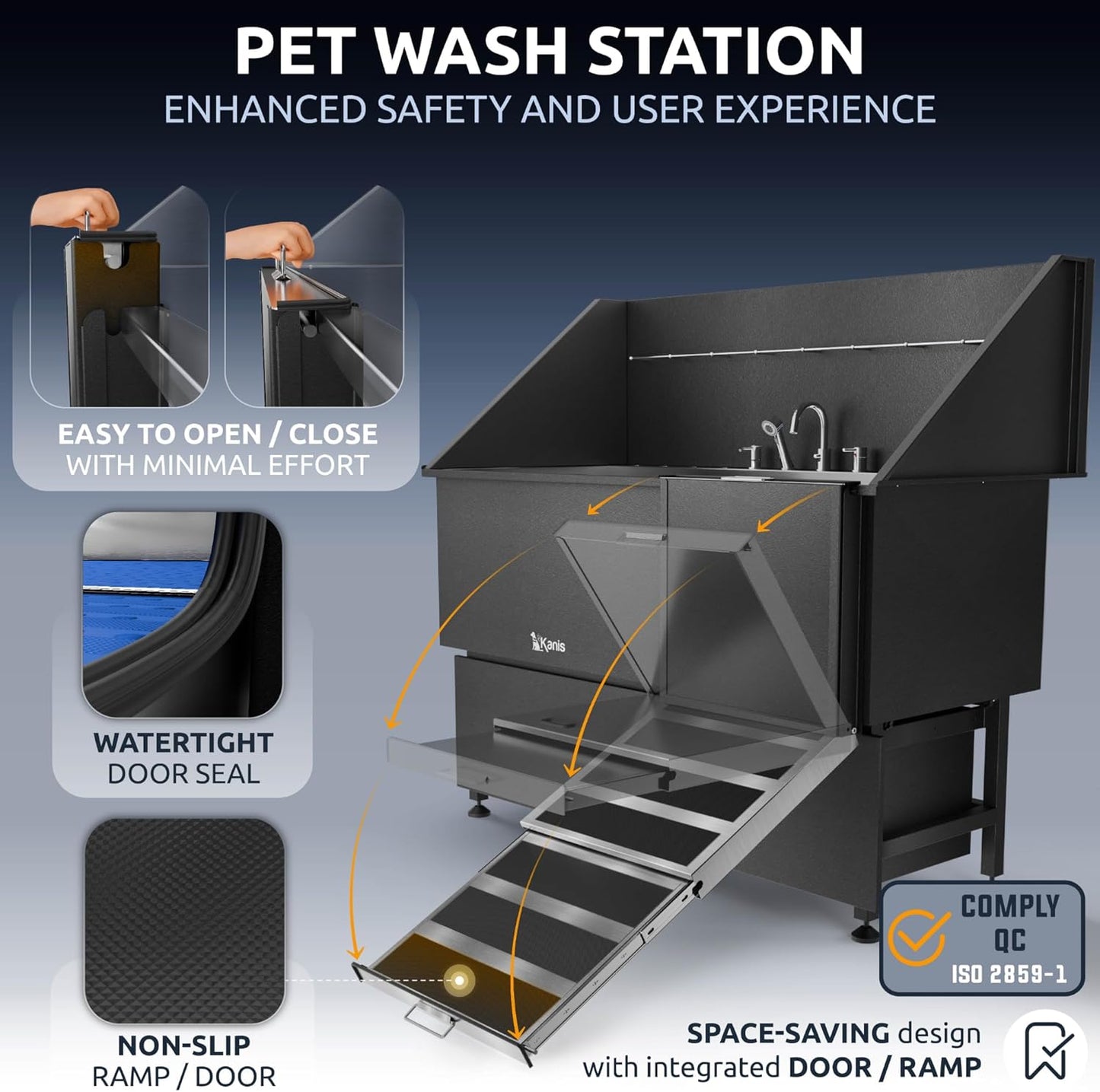 KANIS Black Line Professional Dog Washing Station - 304 Stainless Steel Pet Wash Sink & Grooming Bathtub w/Shower, Floor Grates and Storage for Large, Medium & Small Pets (61", 2 Drawers - Right Ramp)