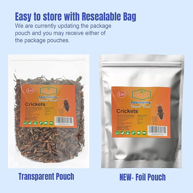 Amzey Appetizing Mealworms Natural Dried Crickets - Food for Bearded Dragons, Wild Birds, Chickens, Fish - (8 oz Resealable Bag) - Veterinary Certified