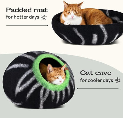 MEOWFIA Cat Cave – Premium Felt Cat Bed for Indoor Cats, Handmade 100% Merino Wool (Large, Shining Tiger)