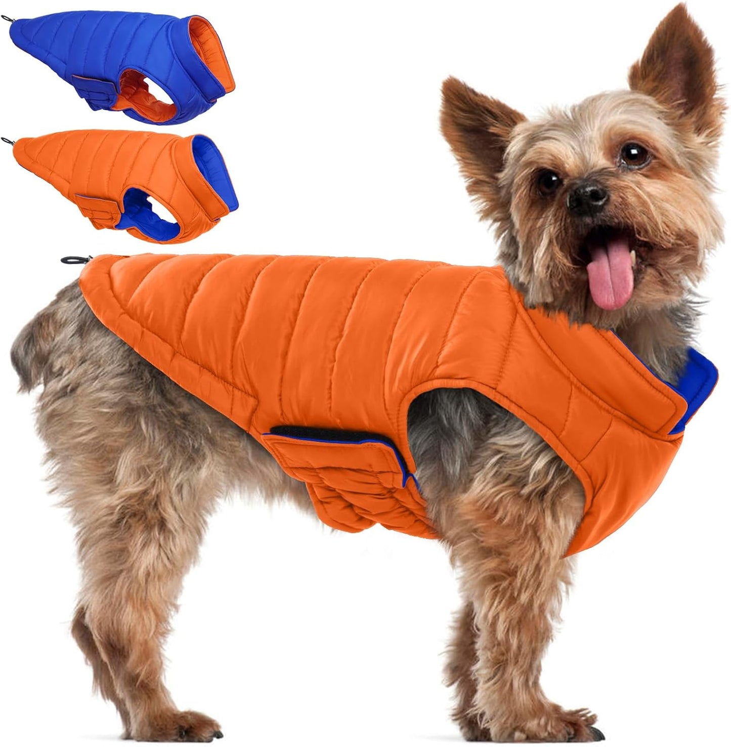 QBLEEV Reversible Dog Jacket for Small Dogs, Waterproof Windproof Warm Winter Coat with Adjustable Fit & Leash Hole, Lightweight Reversible Puffer Vest, Orange, S – Fits Yorkie, Shih Tzu