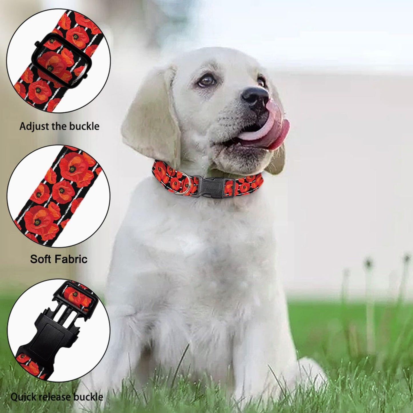 Red Flower Black White Stripes Dog Collars Soft Adjustable Collar Strap for Small Medium Large Dogs Cats Pet