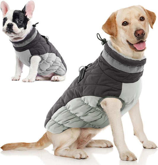 AOFITEE Dog Coat, Warm Dog Winter Coat, Reflective Turtleneck Large Dogs Jacket with Harness Built in, Turtleneck Pet Winter Jacket, Waterproof Pet Snow Jackets Fleece Vest, Grey XL