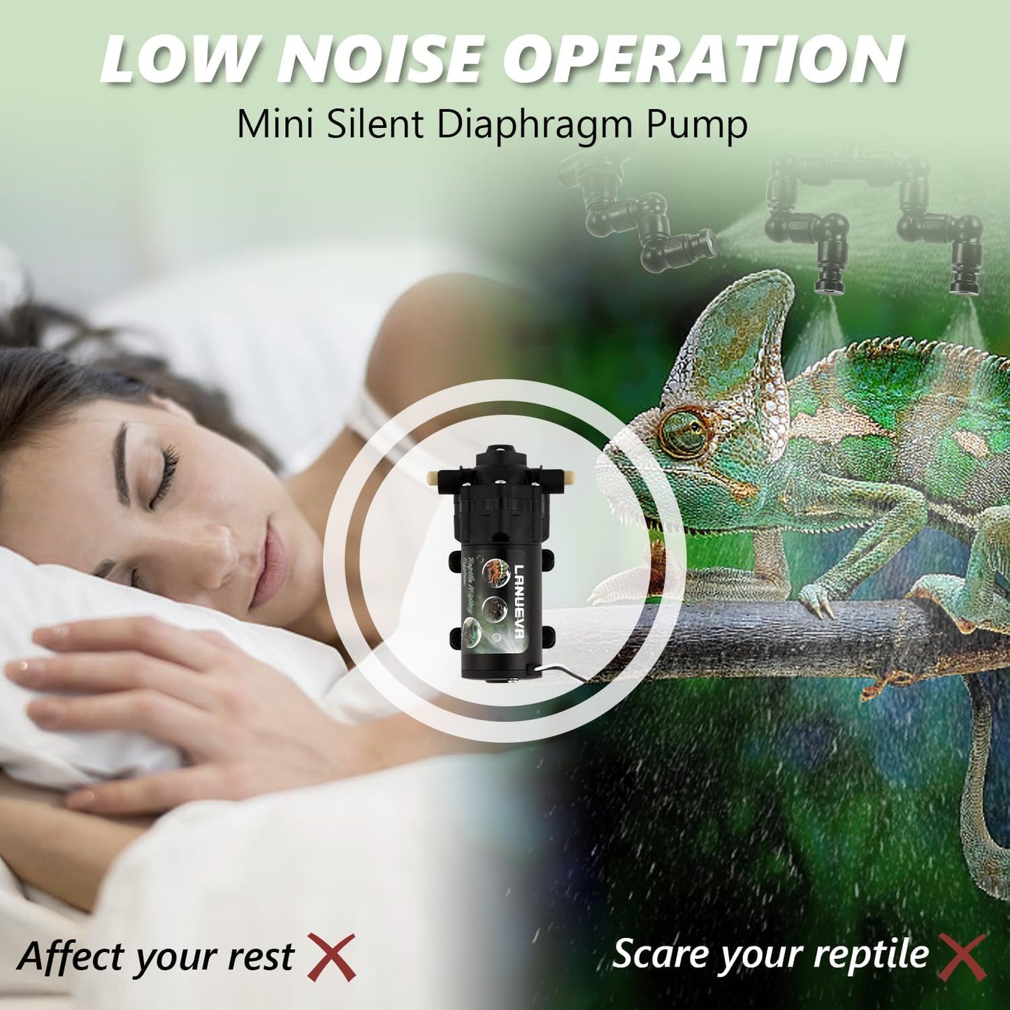 LANUEVA Reptile Humidifier, Quieter Mister Fogger for Terrarium with 4 Single Misting Nozzle + 2 Double Misting Nozzle, Automatic Spray System for Chameleon, Lizard, Snake, Frog (Pump without Timer)