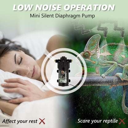 LANUEVA Reptile Humidifier, Quieter Mister Fogger for Terrarium with 4 Single Misting Nozzle + 2 Double Misting Nozzle, Automatic Spray System for Chameleon, Lizard, Snake, Frog (Pump without Timer)