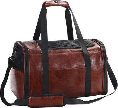 Fashion Leather Dog Carrier Cat Carrier Airline Approved Pet Carrier for Small Medium Dogs Cats Under 15Lbs, Collapsible Soft Sided Travel Puppy Carrier Coffee