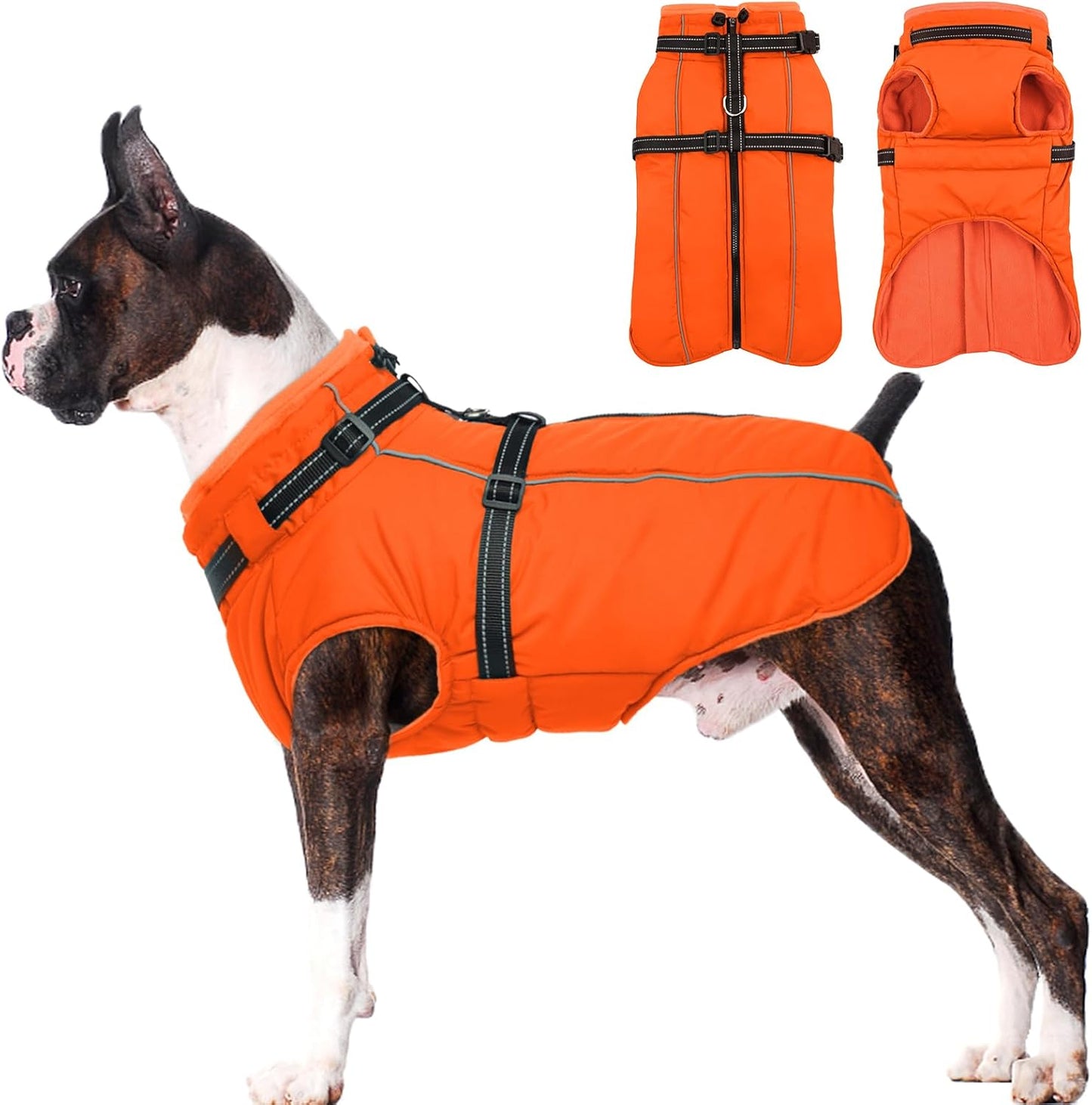 Lelepet Dog Winter Coat Waterproof Dog Jacket with Harness Built in Windproof Reflective Pet Coats for Small Medium Large Dogs, Thermal Fleece Lined Coats for Cold Weather Walking Hiking, Orange, XL