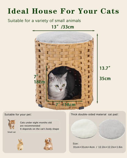 Cat House for Indoor Cat, Small Cat Houses Handwoven PE Rattan Kitten Cave, Pet Kitten Bed Covered, One Bed Pad, 13 x 13 x 13.7 Inches, Foldable Hideaway in Living Room Gray
