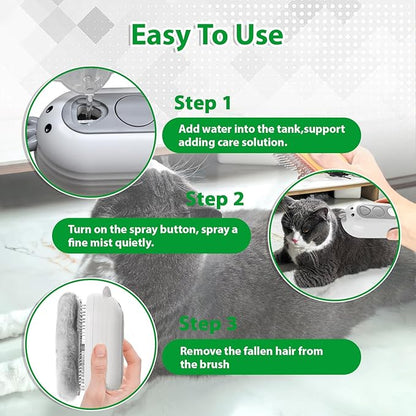 Cat Steam Brush with Release Button, 3 in 1 Rechargeable Pet Spray Water Comb for Long & Short Hair Removal, Self Cleaning Slicker Vapor Brush for Indoor Cats Dogs Rabbits Shedding Grooming