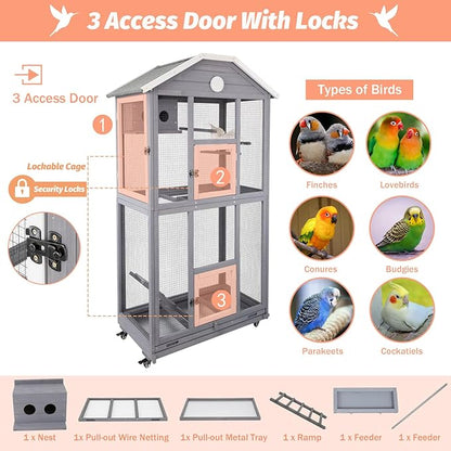 Outdoor Bird Cage Large, Wooden Flight Aviary with Perches, Nest Habitat, and Easy-Clean Pull Out Tray for Parakeets, Macaws, and More