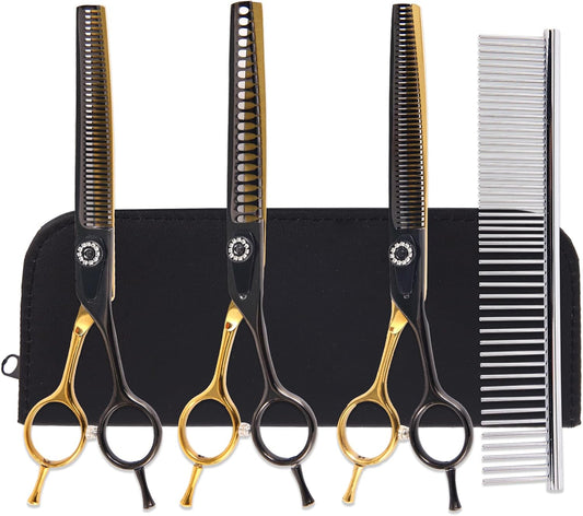 7 Inch Professional Dog Grooming Scissors Kit, 6 in 1 Grooming Scissors for Dogs, Pet Grooming Shears Set, Straight Scissor & Thinning Shear & Curved Scissor & Chunker Shear (Black Gold)