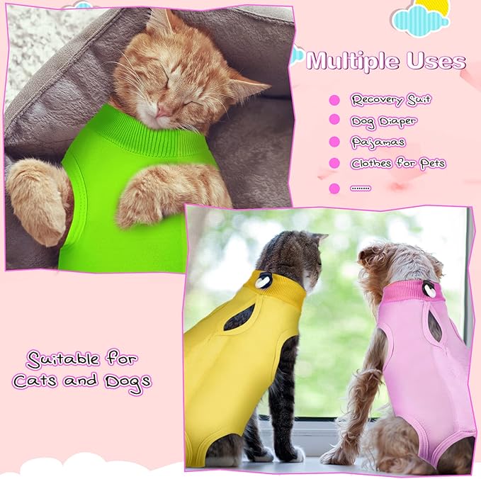 Nuanchu 3 Pieces Cat Recovery Suit Kitten Recovery Suit E-Collar Alternative for Cats and Dogs Abdominal Skin Anti Licking Pajama Clothes Sets(Small,Simple Style,Yellow Green Pink)