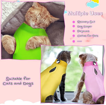 Nuanchu 3 Pieces Cat Recovery Suit Kitten Recovery Suit E-Collar Alternative for Cats and Dogs Abdominal Skin Anti Licking Pajama Clothes Sets(Small,Simple Style,Yellow Green Pink)