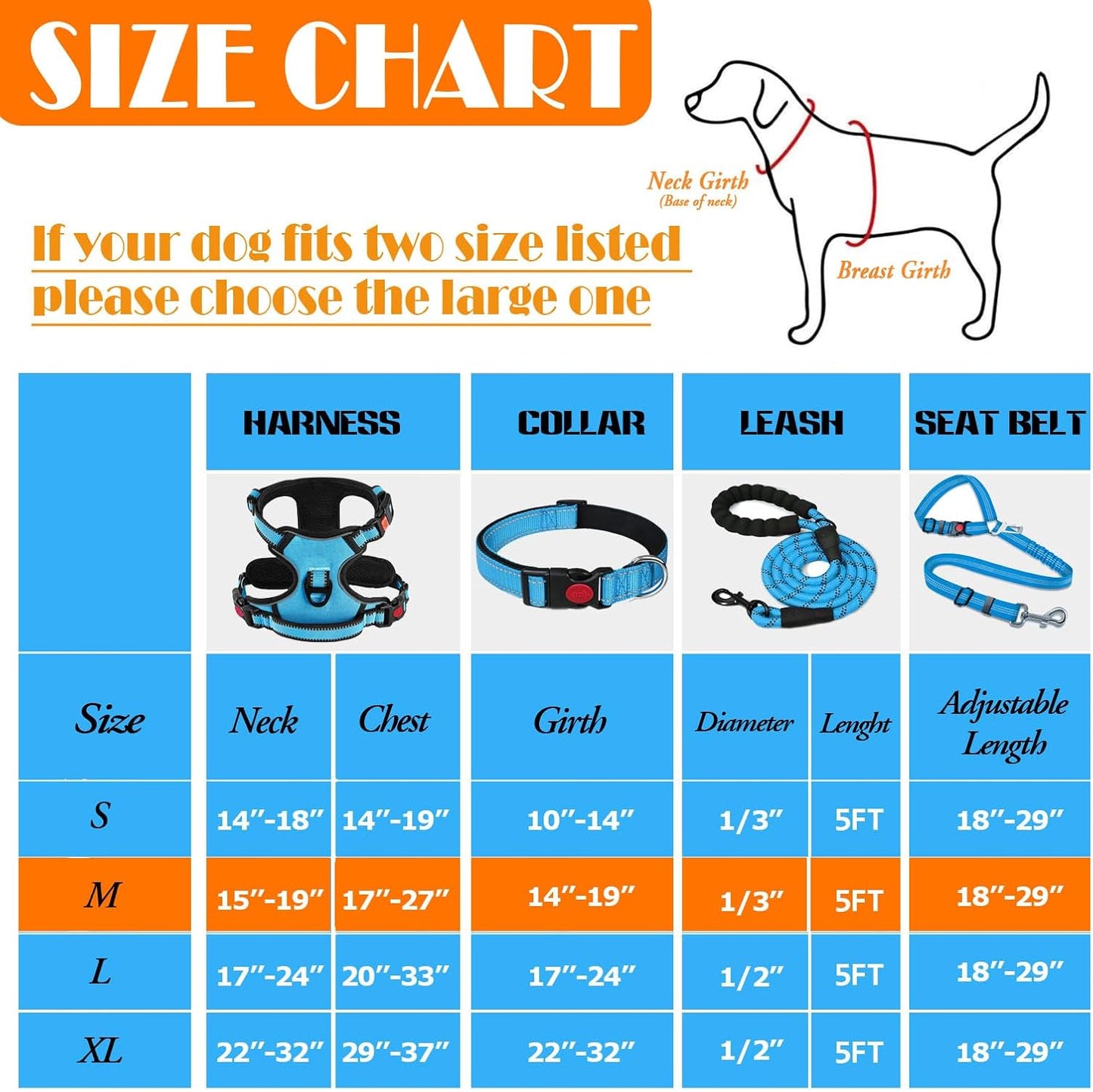 No Pull Dog Harness, Collar & Leash Set with Retractable Dog Seat Belt, Collapsible Dog Bowls and Poop Bag Dispenser - Ideal for Training, Walking, Hiking - Fits Small to Large Dogs(Blue-M)