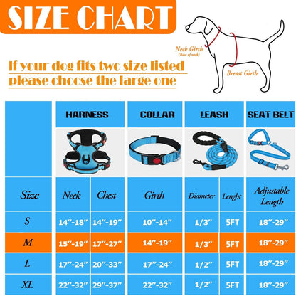 No Pull Dog Harness, Collar & Leash Set with Retractable Dog Seat Belt, Collapsible Dog Bowls and Poop Bag Dispenser - Ideal for Training, Walking, Hiking - Fits Small to Large Dogs(Blue-M)