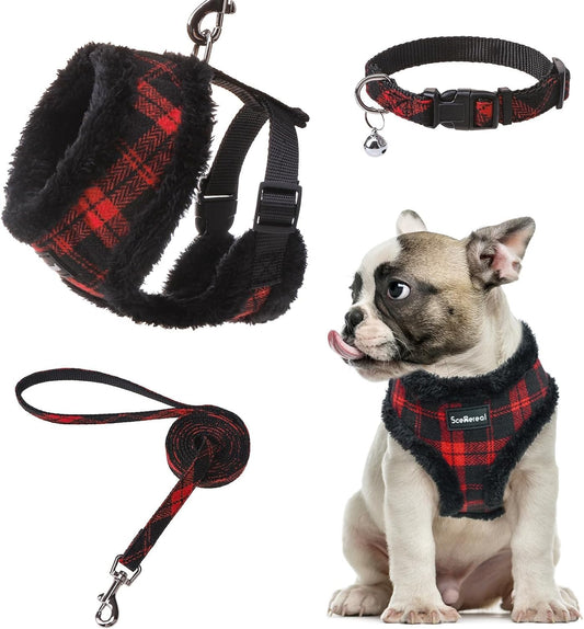 SCENEREAL Small Dog Harness Collar and Leash Set, Warm Fleece No Pull Puppy Vest Harness, Christmas Dog Outfit No Chock Adjustable Step in Pet Halter for Outdoor Walking Training, Red Plaid M