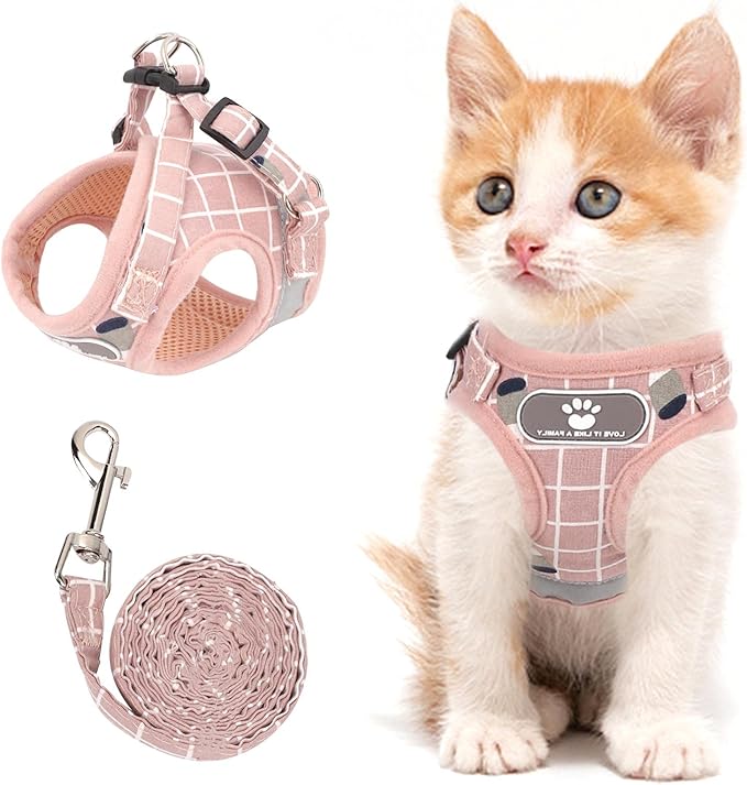 Cat Vest Harness and Small Dog Vest Harness for Walking, All Weather Mesh Harness, Cat Vest Harness with Reflective Strap, Step in Adjustable Harness for Small Cats (Pink-Pattern)