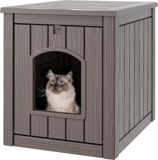 Outdoor Cat House Weatherproof, Feral Clawsable Cat Houses for Outdoor Indoor Cats Shelter, Insulated for Winter Outside, Durable Resin Material for Garden, Patio, Easy to Assemble, Grey