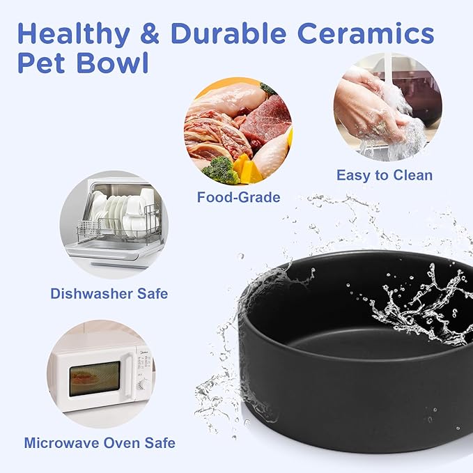 SPUNKYJUNKY Elevated Dog Bowls Ceramic, 8.3'' Dogs Food Water Bowls Raised with Non-Slip Bamboo Stand for Large Sized Breed Microwave Dishwasher Safe - 60 OZ,Black