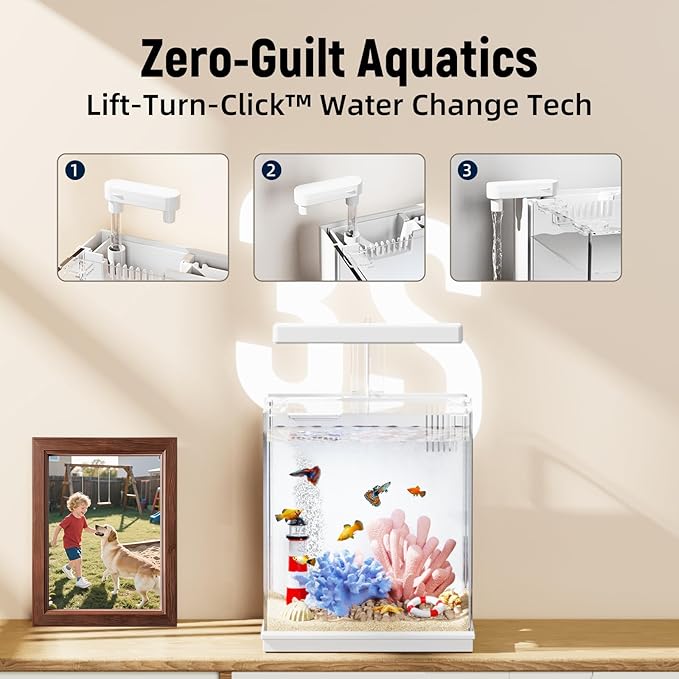 2-Gallon All-in-One Fish Tank – Silent Pump, 3-Stage Filtration & Easy Water Change, Perfect Self-Care Betta Aquarium Kit for Kids & Beginners (White
