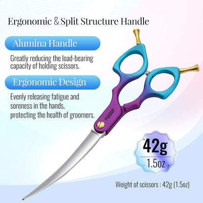 Professional Curved Dog Grooming Scissors with Sharper Self Grinding lightweight and finely trimmed split structure 6.5'' Japan VG10 63HRC for small dogs cat pet(Purple&Blue)