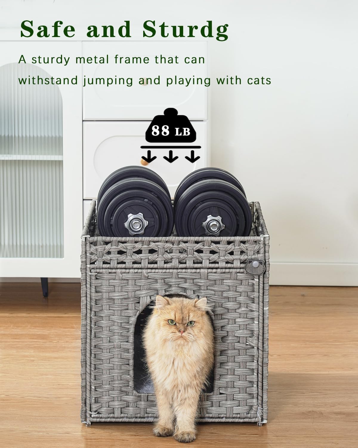 Cat Beds for Indoor Cats Extra Large Double Cat Cave Pet Cube, Handwoven Rattan Cat Houses with Double-Sided Soft Cushions, 18.5 x 20.5 x 19.1 Inches Foldable Hideaway in Living Room Gray