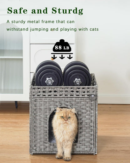Cat Beds for Indoor Cats Extra Large Double Cat Cave Pet Cube, Handwoven Rattan Cat Houses with Double-Sided Soft Cushions, 18.5 x 20.5 x 19.1 Inches Foldable Hideaway in Living Room Gray