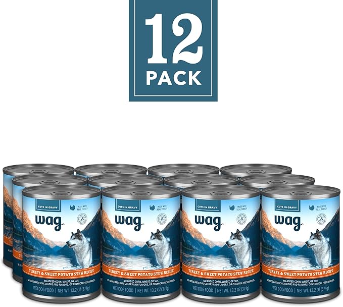 Amazon Brand - Wag Stew Canned Dog Food, Turkey & Sweet Potato Recipe, 13.2 oz Can (Pack of 12)