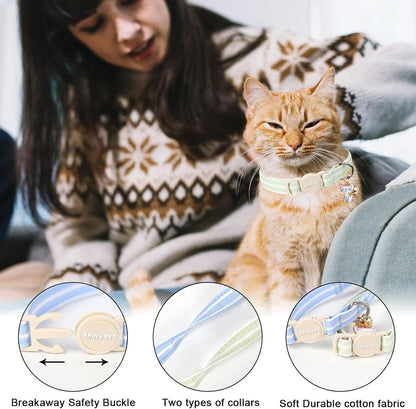 ARING PET 2 Pack Cat Collar-Cute Cotton Cat Collar Breakaway with Bell & Pendant, Adjustable Blue Green Striped Kitten Collars with Safety Buckle for Girl and Boy Pets