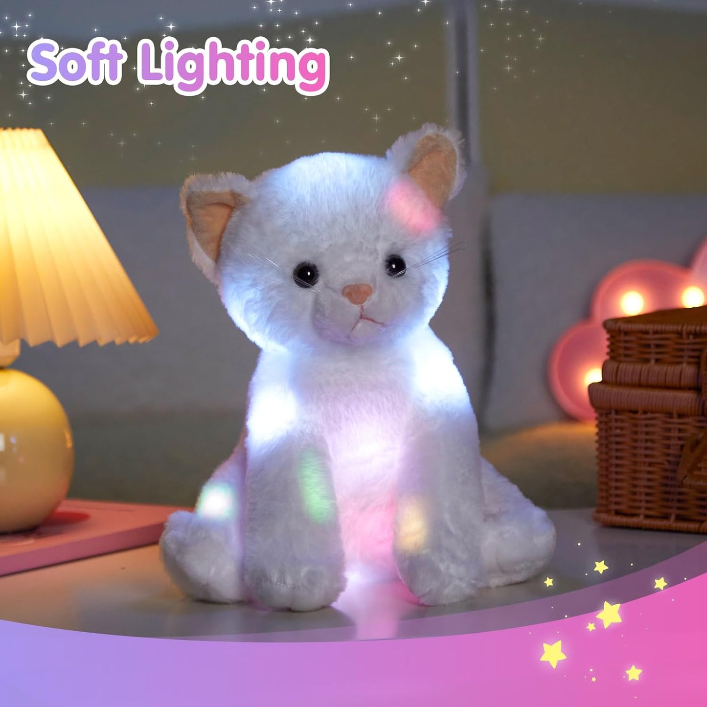 Houwsbaby Light up Cat Stuffed Animal LED Glowing Kitty Plush Toy Floppy Kitten Toy Night Lights Birthday Presents for Kids Toddler Girls, White, 12''