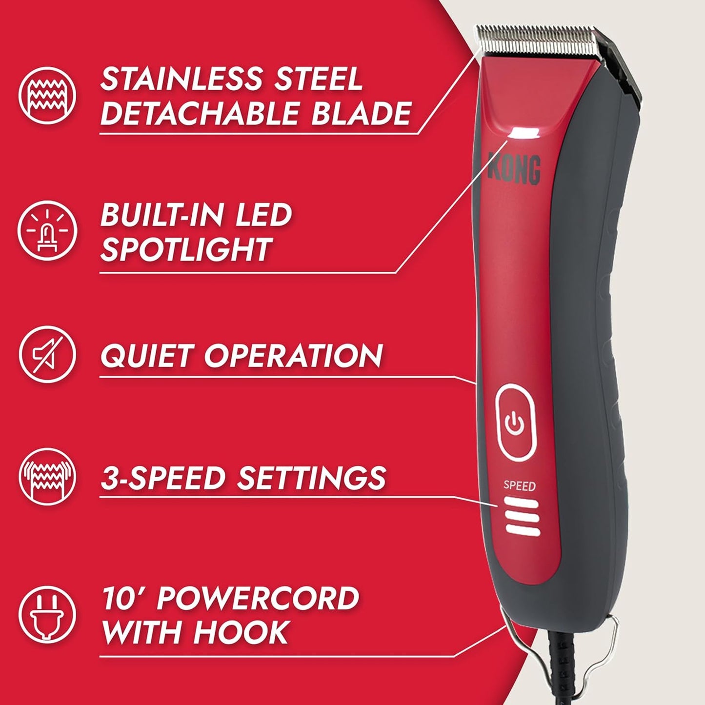 KONG 3-Speed Dog Clipper Grooming Kit – Stainless Steel Blade, Waterproof, LED Spotlight, 6 Guide Combs, 10-Foot Cord, Ergonomic Handle – Red/Gray, All Coat Types