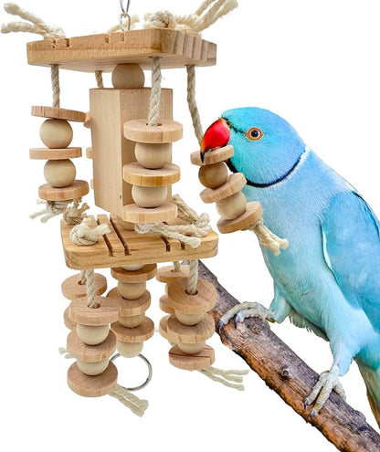 Dye-Free Block & Knot Chewing Toys for Medium and Large Parrots - Natural Wooden Bird Toys for Parakeet, Conures, Cockatiels, African Greys, Cockatoos, Amazon Parrots, Quakers