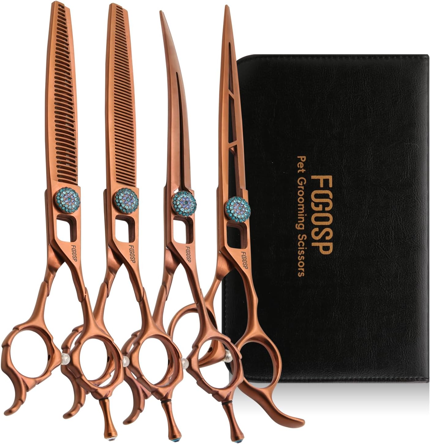 7'' Dog Grooming Scissors Set 4PCS Curved Thinning Straight Chunkers Shears Kit with Hollow Out Design Ergonomic Offset Handle High Cobalt Alloy Steel Sharp and Durable(7, Chocolate Kit)