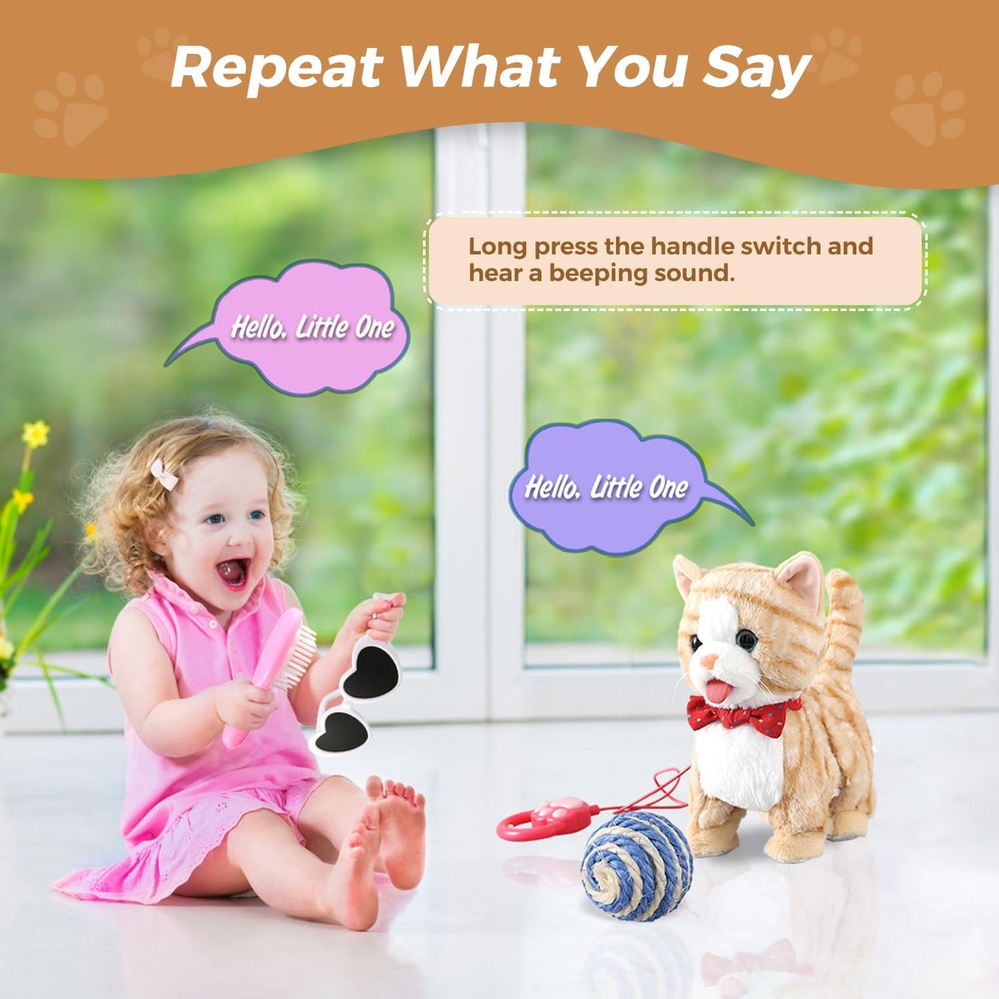 Yellow Pattern Leash Walking Cat Set Interactive Talking Toy Singing Dancing Kitten Mimicking Repeat What You Say Kitty Touch and Voice Control Nodding Wagging Tail Plush Electric Robot for Kid Girl