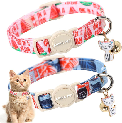 ARING PET 2 Pack Cat Collar-Cute Cotton Cat Collar with Bell & Pendant, Adjustable Summer Kitten Collars with Safety Buckle for Girl Pets