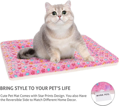Mora Pets Cat Bed Dog Crate Pad Ultra Soft Pet Bed with Cute Star Print Washable Crate Mat for Small Dogs and Indoor Cats Reversible Fleece Dog Kennel Pad Cat Carrier Mat 14 x 17.5 inch Pink