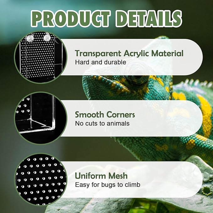 Chameleon Feeder Box with Suction Cups, Acrylic Feeding Bowl for Bearded Dragon, Wall-Mounted Insect Feeder for Lizard, Iguana, Gecko, Frog