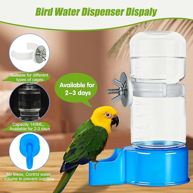 BWOGUE 2PCS Automatic Bird Water Dispenser, 4.73 Fl Oz Parakeet Water Dispenser for Cage No Mess Suspended Bird Water Feeder for Cockatiel Budgie Conure Lovebirds