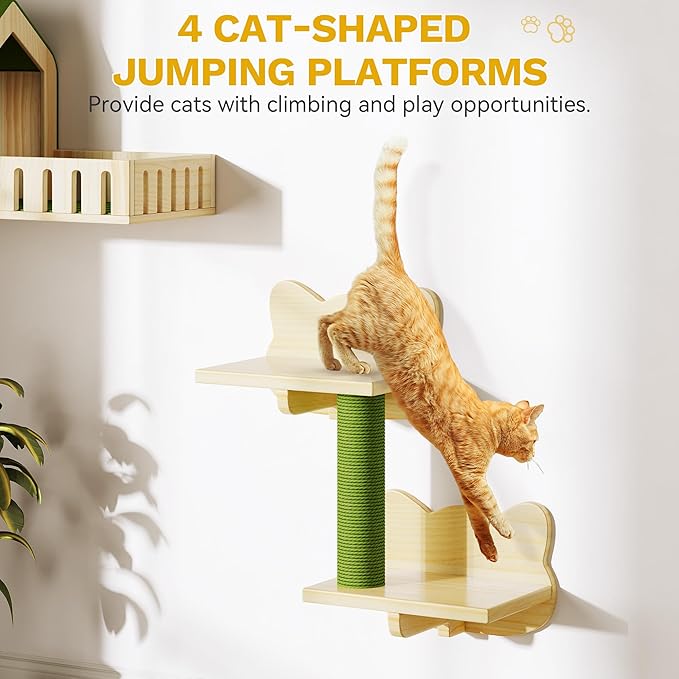 DWVO Cat Wall Shelves and Perches for Wall, Solid Wood Wall Mounted Cat Furniture, Set of 7 Cats Climbing Shelves for Large Cats with Green Wall House and Fence, Steps, Scratching Posts