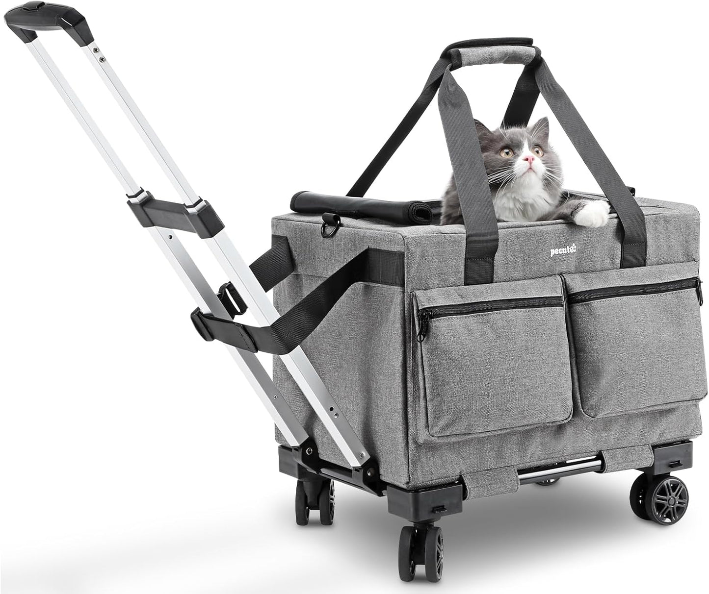 Pecute Cat Carrier with Wheels,Steel Wire Frame Cat Carrier, Stable Pet Trolley Bag for Cats, Pet Handbag and Stroller, Portable Cat Carrier Bag for Car Travel Bus Subway, Grey