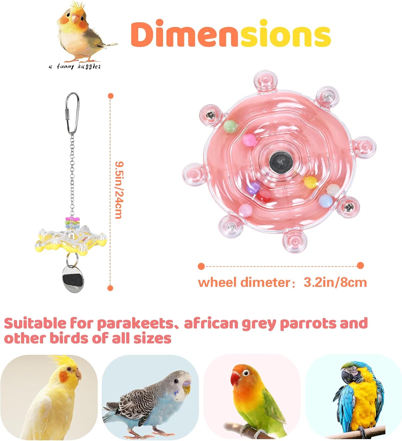 Colorful Bird Toys Wheel,for Parakeets,Conures,African Grey Parrots and Other Birds, Bird Cage Accessories for Gnawing and Relieve Boredom (3pcs)