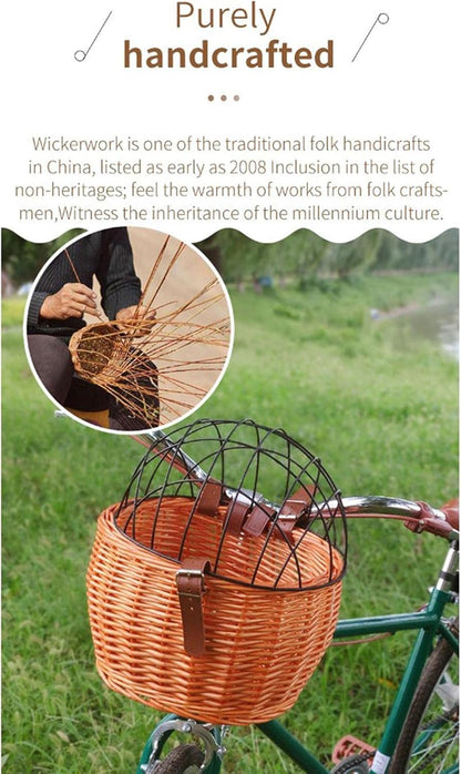 Wicker Bike Basket for Small Dogs Cats Pet Carrier Front Basket with Wire Mesh Cover (Honey Color)