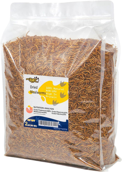 RANZ 2LBS Non-GMO Dried Mealworms for Chickens, High Protein Meal Worms, Premium Chicken Feed, Whole Large Mealworms for Blue Birds, Ducks, Fish