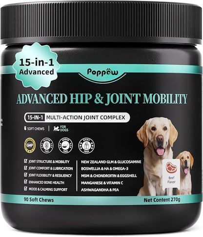 Dog Hip and Joint Supplement, 15-in-1 Advanced Glucosamine for Dogs with Chondroitin, MSM, New Zealand GLM, Pea, Omega 3 - Beef Flavor - 90 Soft Chews, Fits All Breeds and Sizes