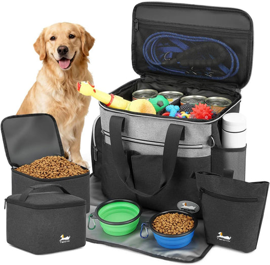 Dog Travel Bag for Pet Kit for Supplies with 2 Food Storage Containers 2 Collapsible Bowls 1 Feeding Mat 1 Dog Treat Pouch 7-Piece Set Perfect Road Trips Camping Weekend or Doggy Gift, Black