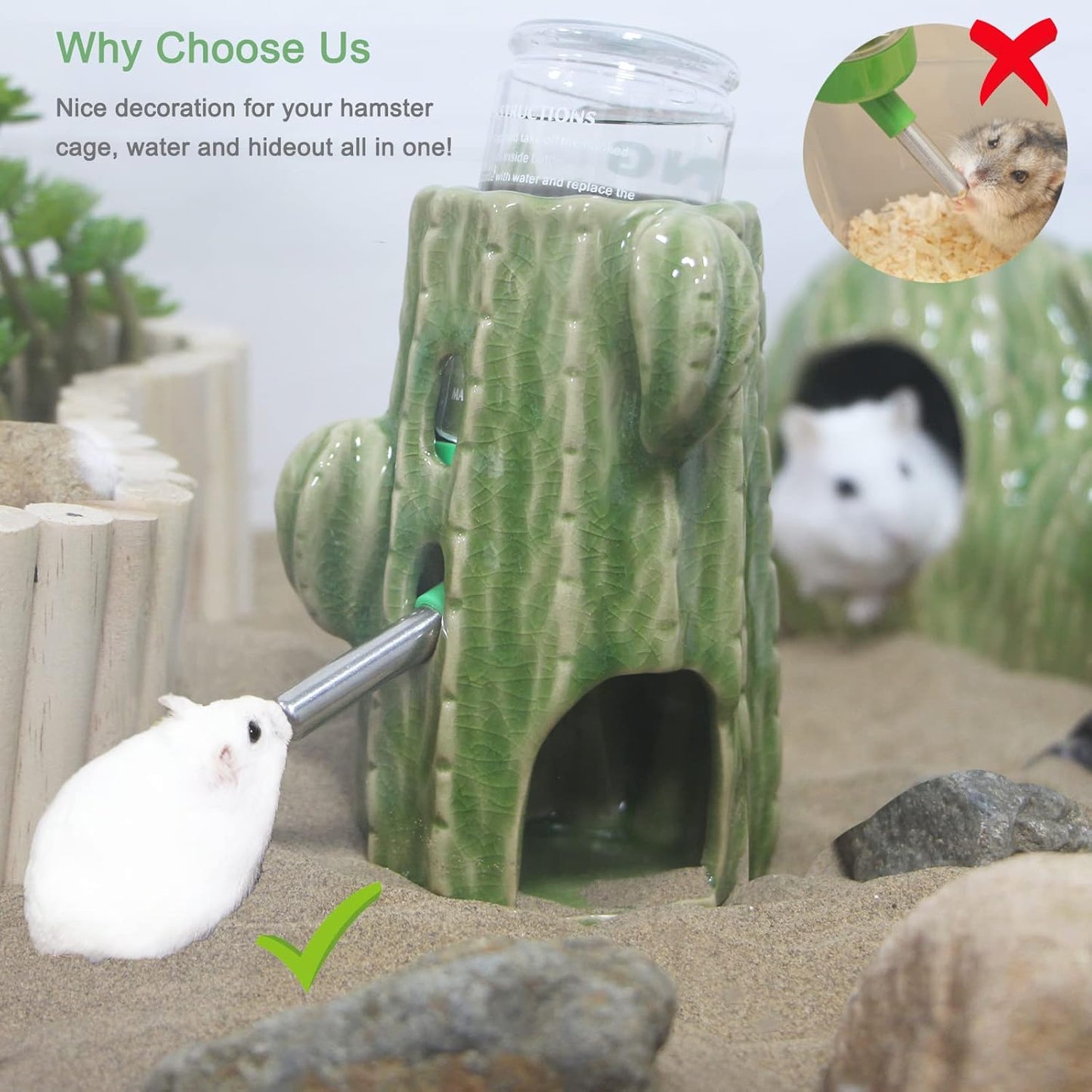 2-in-1 Adjustable Hamster Water Bottle for Glass Tank, 80ML Gerbil Water Bottle with Stand, No Drip Ceramic Holder for Dwarf Hamster, Mice, Rat (White)
