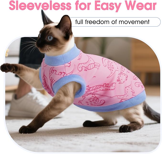 DENTRUN Sleeveless Cat Vest with Dinosaur Print, Breathable Ultra-Soft Dralon Fleece Cat Sweater, All-Season Pet Costume Apparel for Cats, Kitten Clothing for Indoor/Outdoor, Pink, L